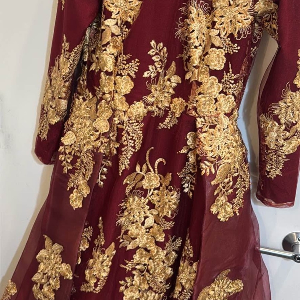 Elegant Burgundy and Gold Floral Dress
